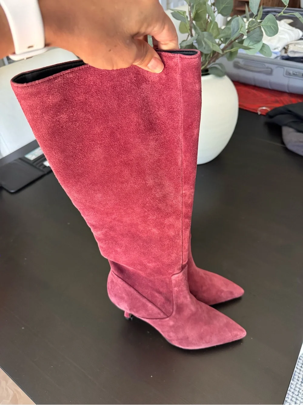 L'AGENCE Burgundy Suede Over-the-Knee Pointed Toe Boot